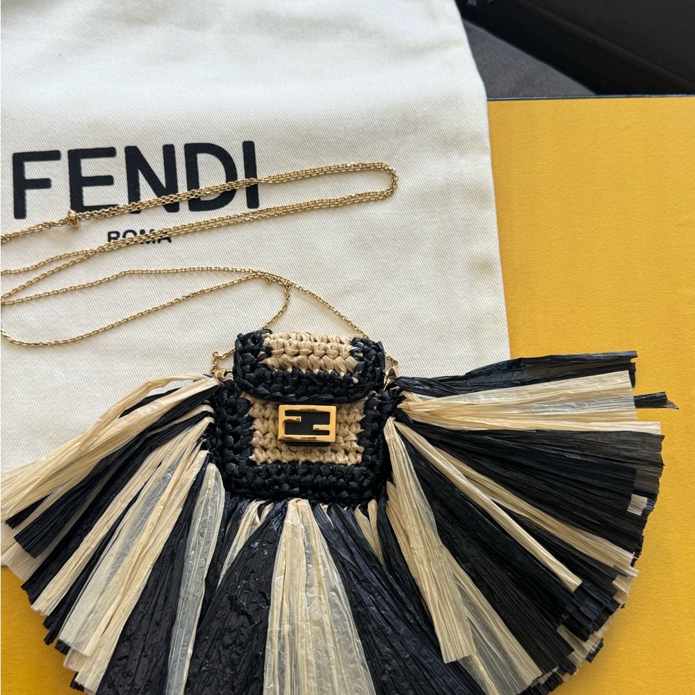Fendi Black and Beige Raffia Mini Bag with Gold Chain